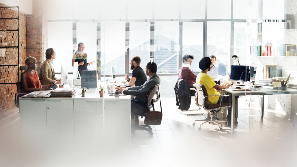 A team working together in a bright, open-plan office