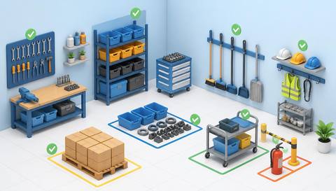 Illustrative workspace showing storage and access areas for housekeeping review