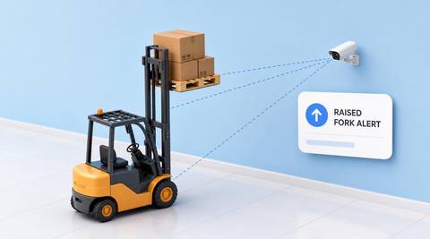 Illustrative forklift travel view with the fork-position reference shown
