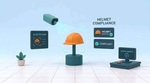Illustrative entrance view showing a helmet-presence review