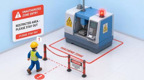 Illustrative machine-area entrance with a crossing boundary